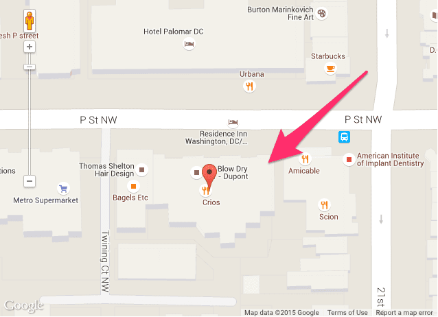 Google Map with arrow pointing to the corner