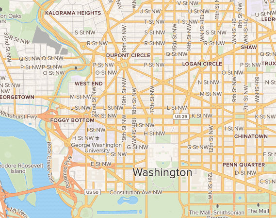 Map of Washington, D.C. centered around the SocialRadar office